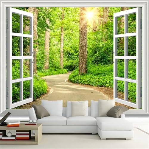 Fotomurale Paesaggio Verde Carta da Parati Finestra 3D Fotomurali In Tessuto Non Tessuto 250x175 Decorazione Parete Camere da Letto Soggiorno Pareti Murale Poster Giganti a-4027