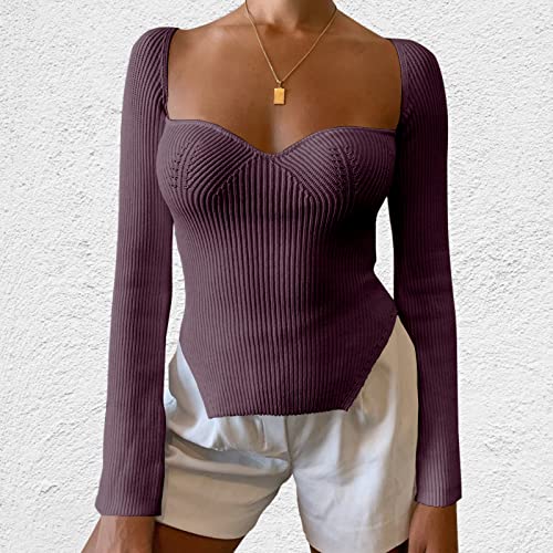 Image of Women's Square Neck Ribbed Knitted Sweater Long Sleeve Crop Slim Fitted Basic Pullover Tops