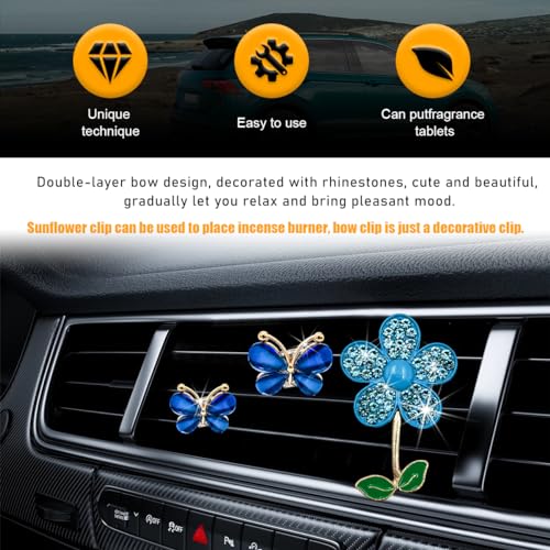 Image of povtii 3 PCS Bling Car Air Vent Clips, Rhinestone Daisy Butterfly Air Freshener Outlet Diffuser Clip, Cute Auto Air Conditioning Clip Charm for Women Girls, Decor Car Accessories (Blue)