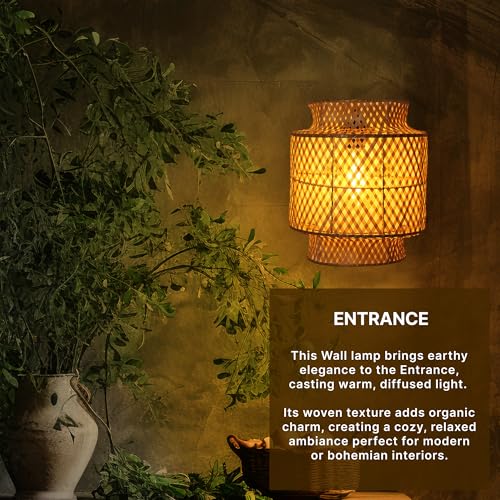 Image of Habere India-All the Cultures Fabricating India Bamboo Wall Lamps | Cane and Rattan for Living Rooms | Cafe Lights | Raffia Wall Lamp | Lamps for Bedroom (Medium: L23 x W29 x H17 cm)