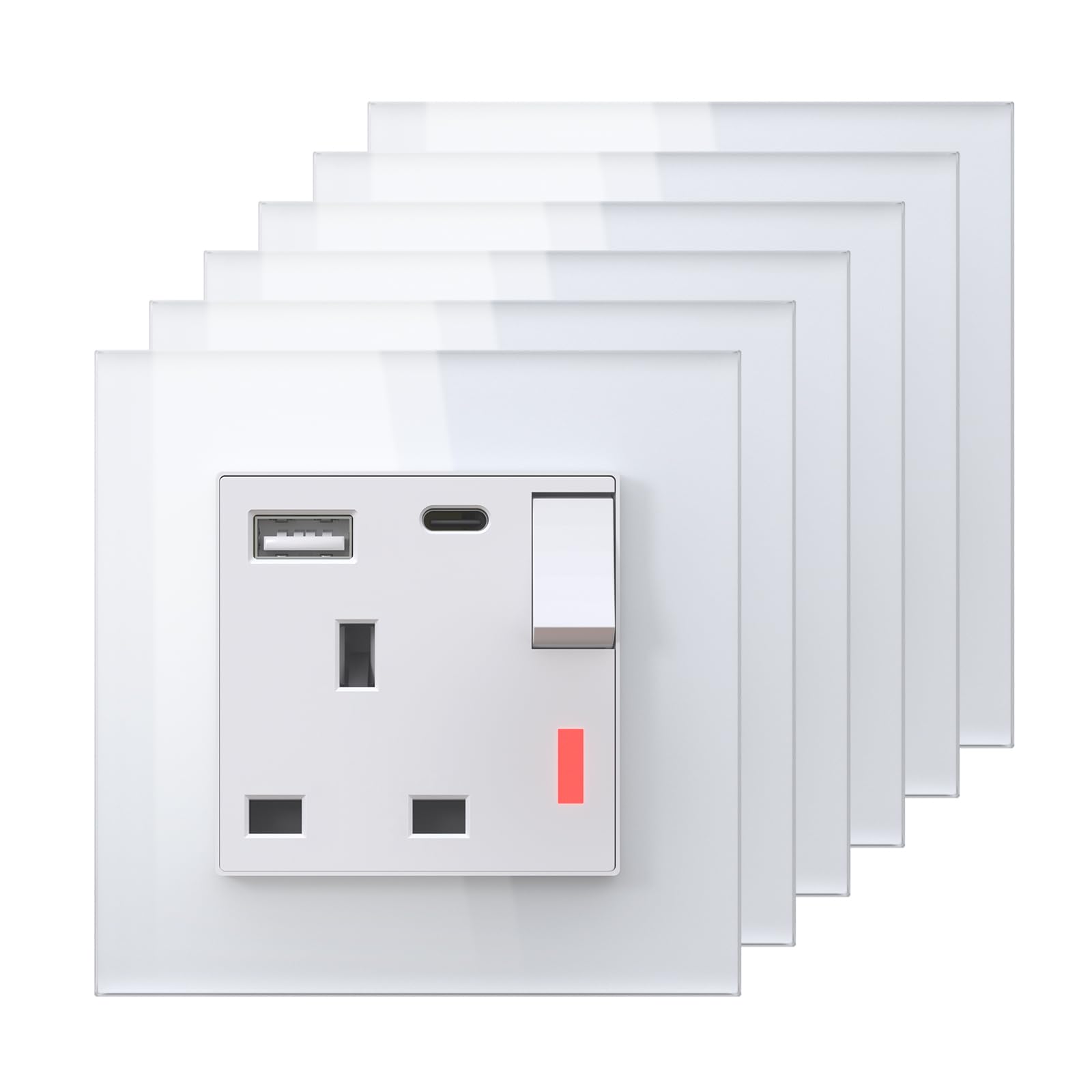 BSEED Single Plug Socket with USB C and USB A,UK Standard Electric Power Sockets,Save Space,1 Gang-6 Pack,86mm White