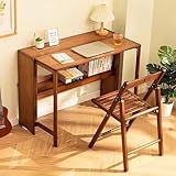 Klappbarer Bambus-Schreibtisch mit Bücherregal, Mid-Century-Modern-Stil, kleiner Computertisch für Homeoffice, Schlafzimmer, kompakter Arbeitsplatz mit Stauraum, Schminktisch (40,55 Zoll, Braun)
