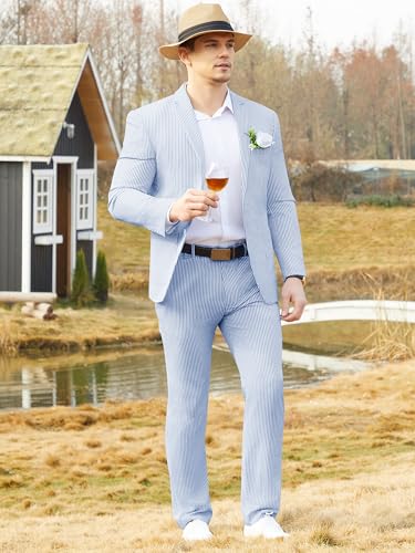 WEEN CHARM Men's 2 Piece Slim Fit Pinstripe Seersucker Suit Lightweight Breathable for Beach Wedding Summer Formal4
