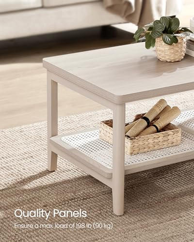 Image of VASAGLE 2-Tier Coffee Table, Rectangular, PE Rattan Shelf, Rounded Corners