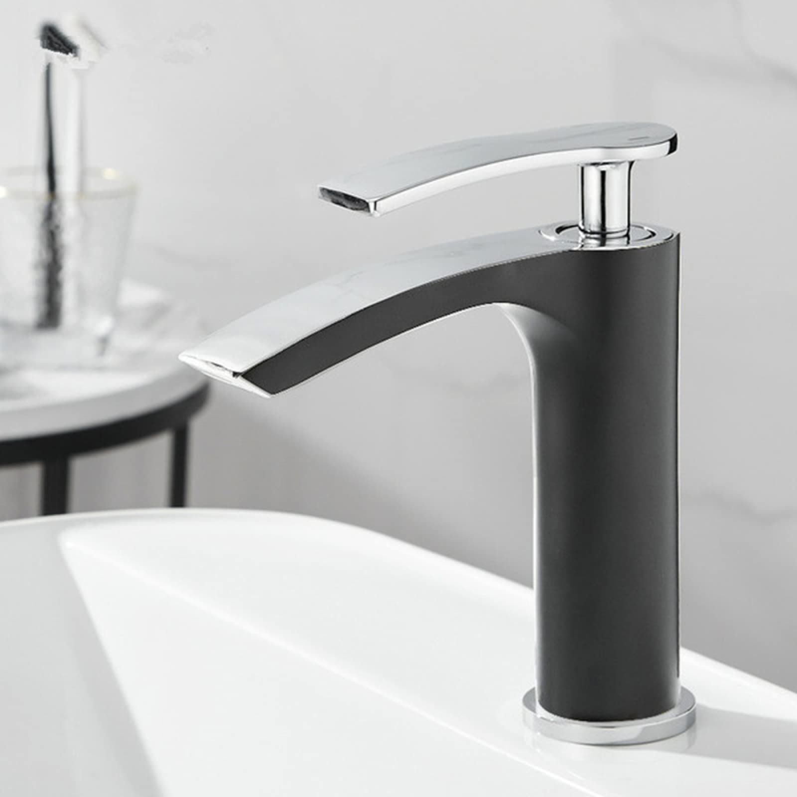 ZQFHSX Waterfall Faucet for Bathroom Sink, Brass, Basin Mixer Tap Hot and Cold Water, Single Handle Sink Faucets, Black, High(Black Chrome,Short) LWX