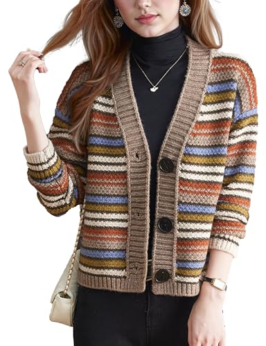 Image of LAI MENG FIVE CATS Women's Striped Cable Knit Sweater Cardigan Long Sleeve Open Front Button Fall Outerwear