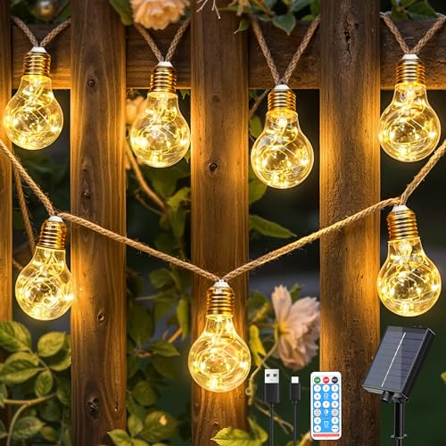Ollny Solar Lichterkette Aussen 24 Glühbirnen 12m Lichterketten Außen Wetterfest Warmweißmit 8 Modi Timer & Dimmbar Solarlichterketten mit Hanfseil für Garten Party Balkon Hof Hochzeit