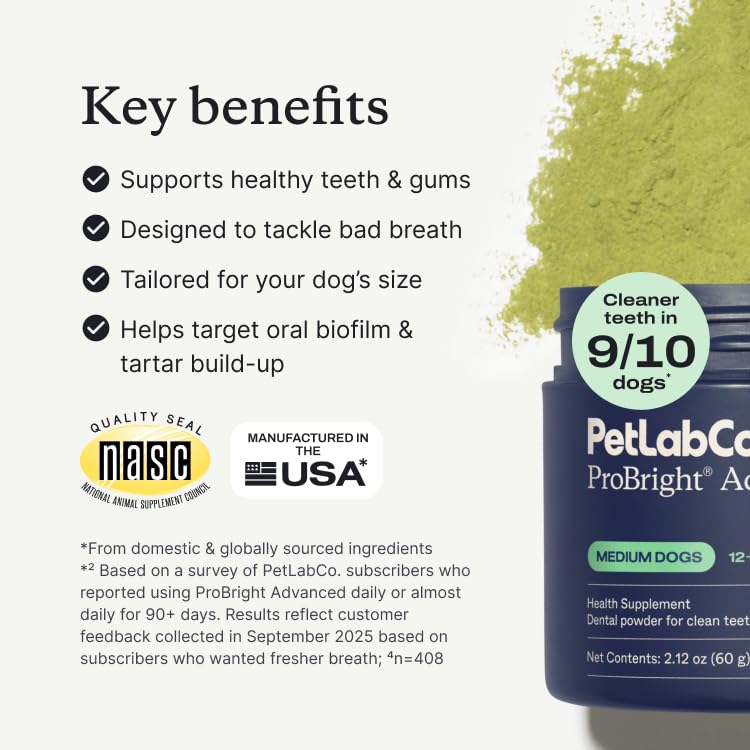 Image of PetLab Co. ProBright Advanced Dental Powder - Dog Breath Freshener - Teeth Cleaning Made Easy - Targets Tartar & Bad Breath - Packaging May Vary - Formulated for Medium Size Dogs