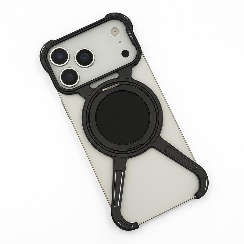 Image of X Shaped Frameless Metal Bumper Compatible with iPhone 17 Pro with 360 Rotate Ring Kickstand | Luxury Aluminum Armor Case | Super Slim Metal - Black