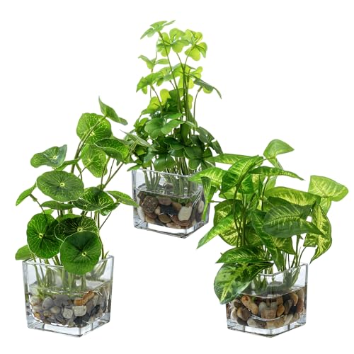 MyGift Set of 3 Artificial Plants in Clear Glass Pots – Small Faux Tabletop Greenery Decor for Home, Office, or Shelf Display