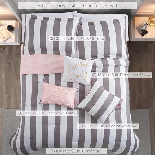 Image of Juicy Couture Cabana Stripe Reversible Bedding Set - King Size - Grey and White Stripe Print - 6 Piece Set - Includes 1 104 inch x 90 inch Comforter, 3 Decorative Pillows, 2 Shams