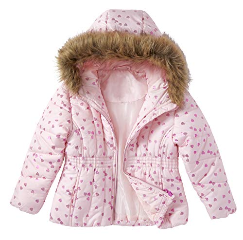 Sportoli Girl Winter Dot Heart Foil Print Puffer Jacket Coat Faux Fur Trim Hood - Pink Hearts (Size 6X)