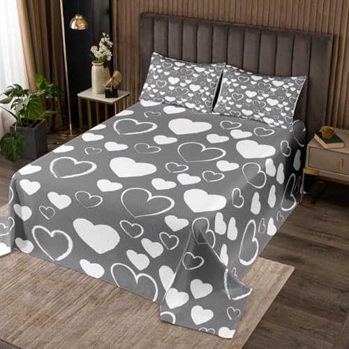 jejeloiu Heat Love Pattern Bedspread for Kids Boys Girls Romantic Coverlet Love Print Coverlet Set Queen Size Bedroom Decor Grey White Quilted