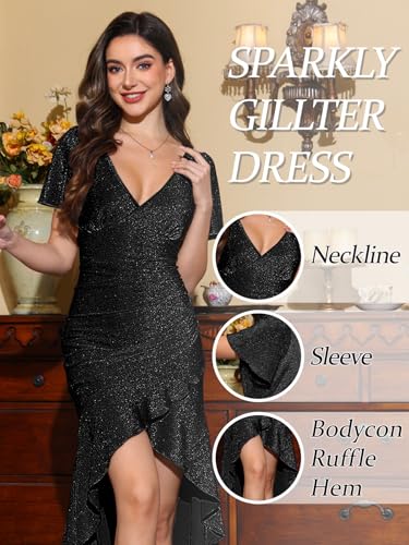 Women Formal Wedding Guest Sparkly Party Dress Ruffle Glitter Sequin Midi Evening Gown Prom Hi Low Cocktail Dresses3