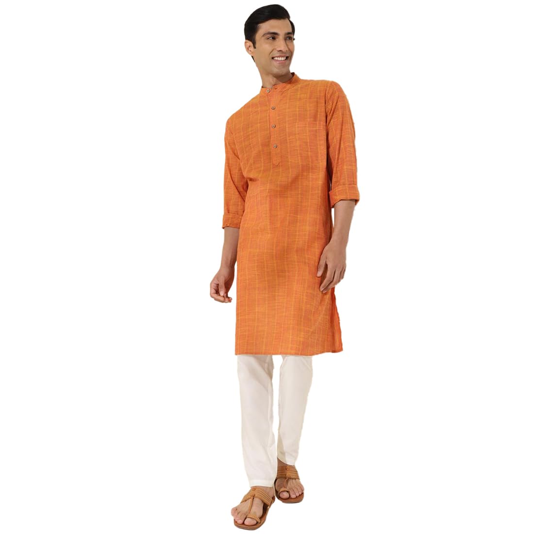 fabindia Men Cotton Mustard Printed Mandarin Neck Regular Sleeves Slim Fit Kurta-picture-33