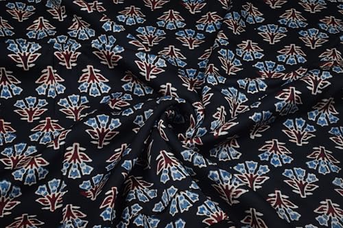 Image of Ethnics of Kutch Women's Ajrakh Modal Silk Natural Dye Hand Block Print Unstitched Kurta Fabric Mtr Length (2.5 Mtrs - Black 30101A)
