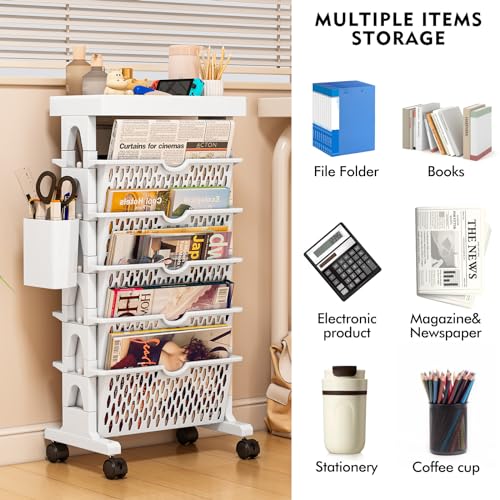 Desk Organizers and Accessories, Mobile Bookshelf with Wheels, Removable Movable Bookcase Organizer with Wheels, Desk File Organizer, 6 Tier File Folder Holder, Bookshelves for School Classroom Home - Thumbnail 4