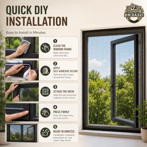 Image of DM DASII Window Mosquito Net with Self Adhesive Velcro Tape | Fiberglass Mesh Window Insect Screen | Washable Reusable Fly Bug Protection Mesh for Home | Black, 3 * 3 ft |
