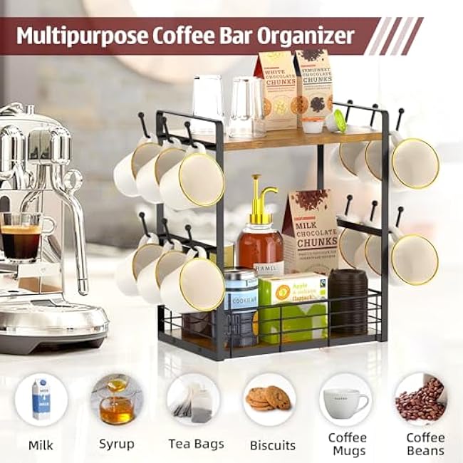 elevate your coffee experience with our 2-tier wooden shelf, the ultimate coffee station organizer and coffee pod holder, featuring a stylish mug tree for your coffee bar accessories.