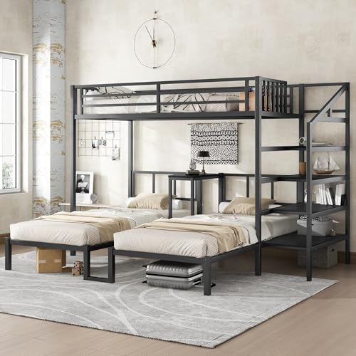 Twin Over Twin Over Twin Bunk Bed for 3 Kids, Heavy Duty Triple Bunk Beds with Storage Stairs, Desk and Guardrails, Noise Free Design Triple Bed Frame, Black