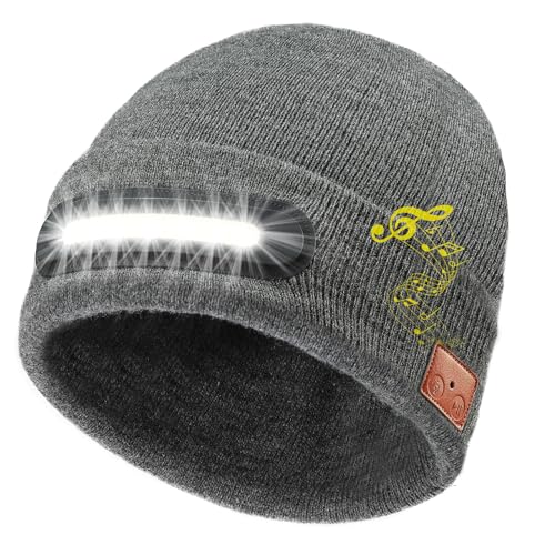 RANCOVY Bluetooth Beanie with Light Musical Knit Hat with Wireless Headphone LED Beanie with Bluetooth for Men Women Grey