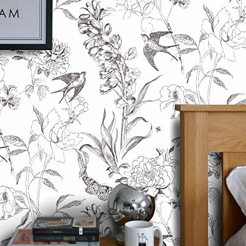 Floral Wallpaper Peel and Stick Wallpaper Boho Floral Contact Paper for Cabinets Self Adhesive Removable Wallpaper White Wallpaper Vintage Bathroom Wallpaper Leaf Waterproof Botanical 17.3''x78.7''