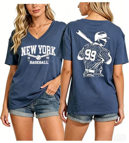 Women New York Baseball Fan T-Shirts Baseball Graphic Shirts Baseballs Team Tee Outfits Casual Tops Navy Blue