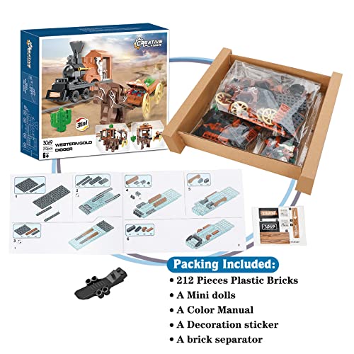 Finebely 3In1 Train Horse Carriage Building Kit, Horse Stable And Animal Horses, Inn And Carriage With Horn Decoration, Creative Western Cowboy Themed Gifts For Boys Ages 6 Years And Up, 212 Pcs #TOP5