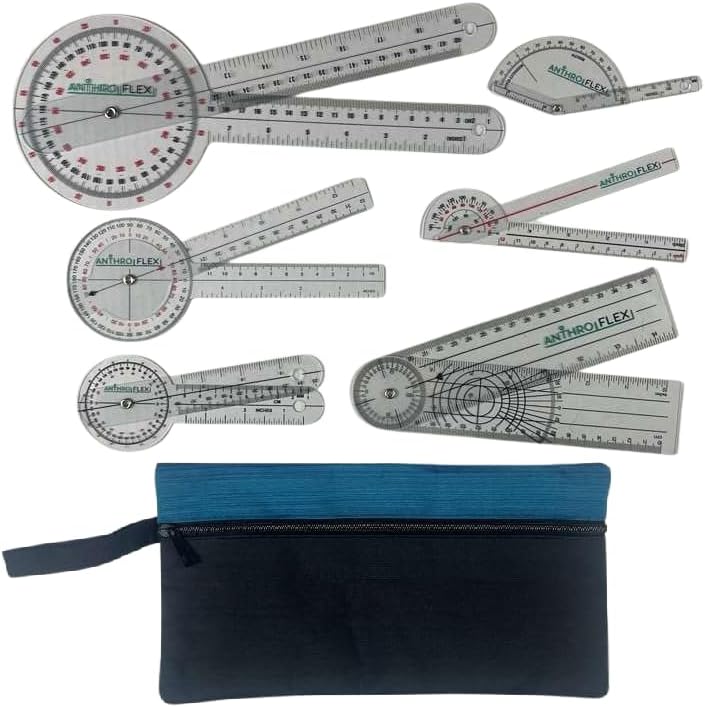 AnthroFlex Goniometer Set of 6 with Bag : 12", 8", 6", 180, Finger, Spinal - To Measure Range of Motion of Joints For Physical Therapy and Occupational Therapy - CM and Inches, Made of Durable Plastic