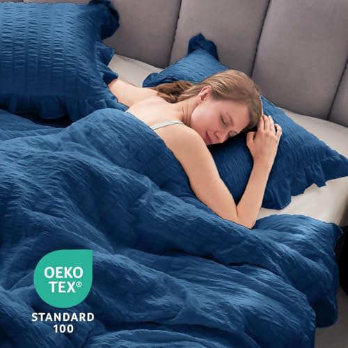 JOLLYVOGUE Teal Queen Comforter Set, 3 Pieces Seersucker Comforters Queen Size, Lightweight & Fluffy Bedding Sets Queen for All Season with 1 Ruffle Comforter and 2 Ruffle Pillowshams
