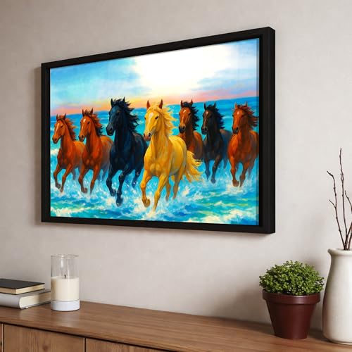 Image of 7 Running Horses Vastu Framed Wall Art Painting For Living Room | Ocean Sunrise Seven Horse Painting With Frame Symbol of Success & Positive Energy Wall Art for Home & Office, 10x12 Inch