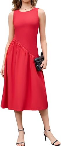 ZTC Elegant Summer Sleeveless Dress for Women, Casual A-line Midi Dress with Ruf