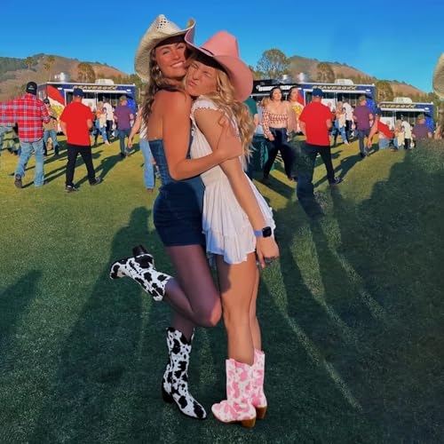 Cozivwaiy Women Mid Calf Cowboy Boots Chunky Heel Half Boot Cow Print Western Boots Plus size (US 4-12.5)4
