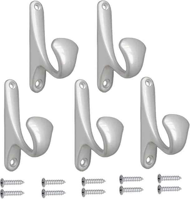 Beilala Silver Coat Hooks Modern, 5 Pack Single Door Hook Heavy Duty Metal Hangers with Screws for Coat, Jackets, Hats, Keys, Bags, Robes, Towels
