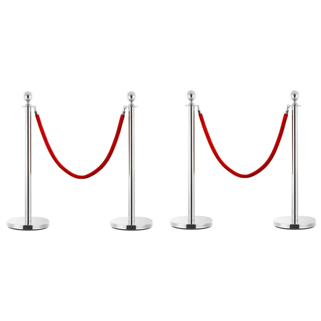 4 Pack Stainless Steel Queue Barrier Posts Stands Crowd Control Security Stanchion Rope Divider with 1.5M Red 2 Velvet Rope fFor Theaters,Museums,Restaurants,Hotels