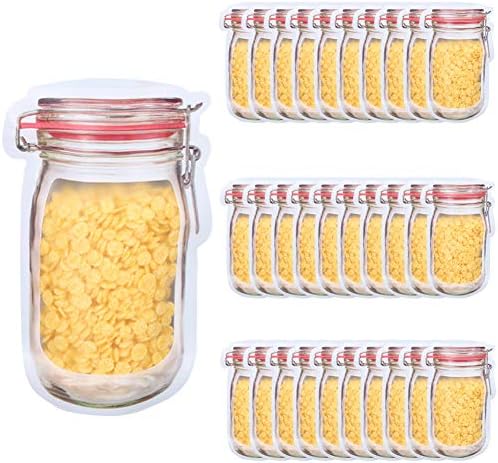 Joyday Store 30 PCS Mason Jar Zipper Bags, Reusable Mason Jar Bags, 3 Size Seal Leakproof Fresh Food Storage Bag for Herb and Spice, S ( Leaf Pattern)