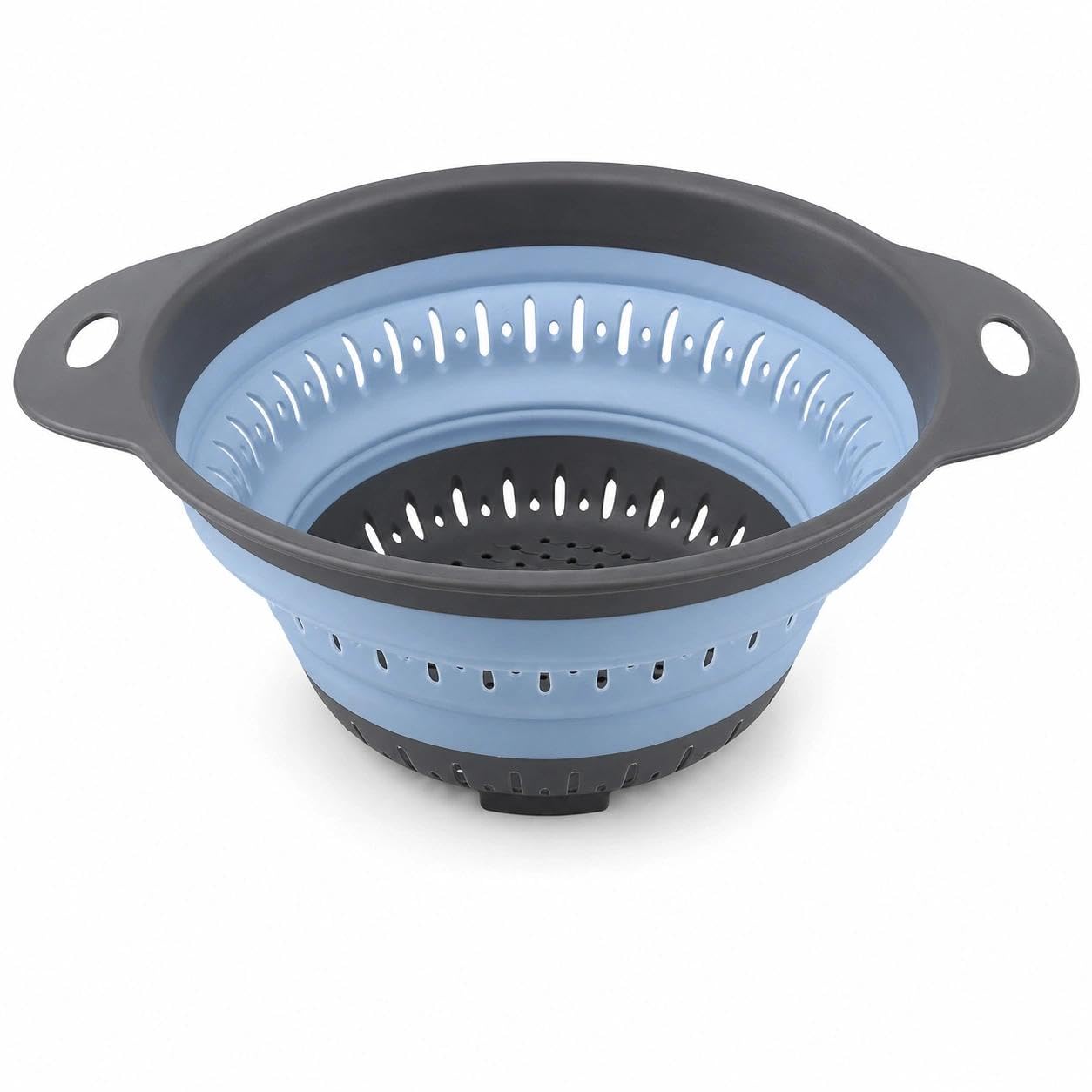 Collapsible Silicone Colander Over The Sink, ABS Foldable Kitchen Strainer with Handles, Round Food Colander for Pasta Fruits Vegetables Rice, Space Saving for Camping RVs, Grey Blue