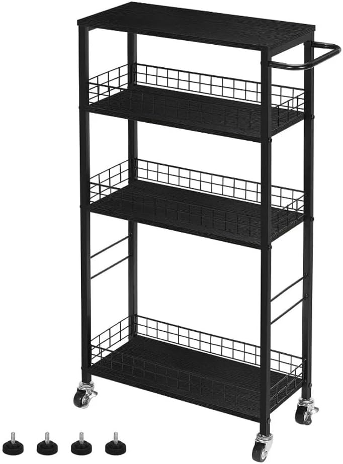 Slim Storage Cart 4 Tier Kitchen Rolling On Wheels Mobile Narrow with Wooden Tabletop Slide Out Utility
