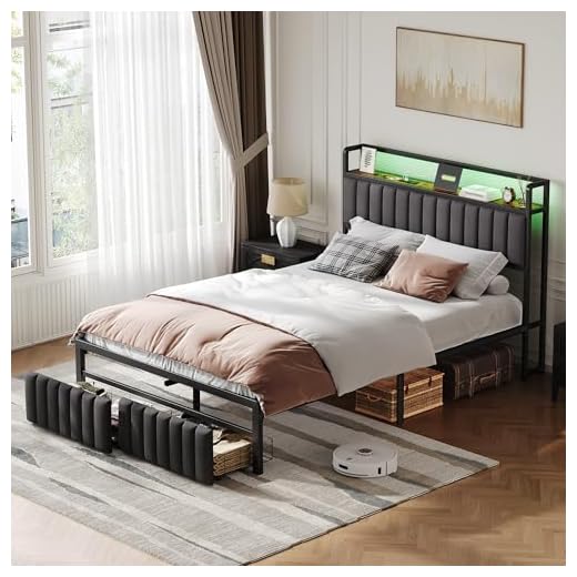 Besbed Double Bed Frame with 2 Storage Drawers, Wooden Storage Headboard Shelf with LED-Light & UPS-Port. Metal Bed for Adults and Teenagers, No Mattress (135 x 190 cm)
