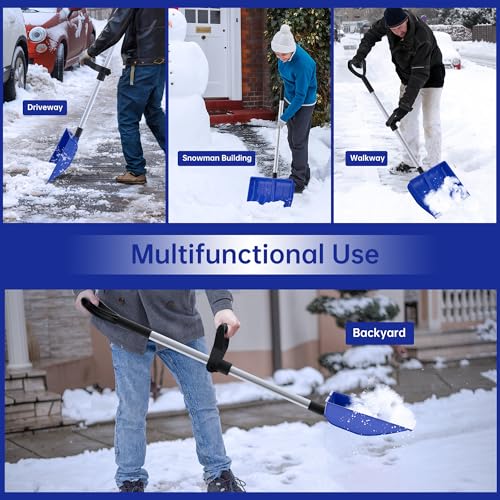 Snow Shovel for Driveway: 48\" Ergonomic Dual D-Handles for Less Back Strain - Aluminum Wear Strip Cleaning Shovel - Lightweight & Portable Snow Removal Tool for Car Camping Outdoor (Blue)