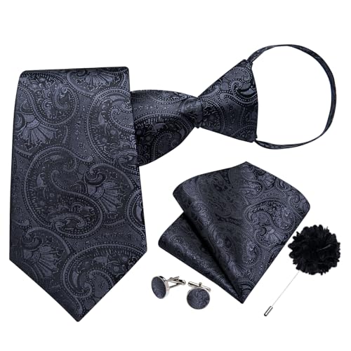 Image of DiBanGu Mens Zipper Tie Silk Pre-Tied Necktie with Gift Box | Jacquard Woven,Paisley Solid Plaid Pattern,6PCS with Pocket Square,Cufflinks and Lapel Pin,for Wedding Party Formal Business