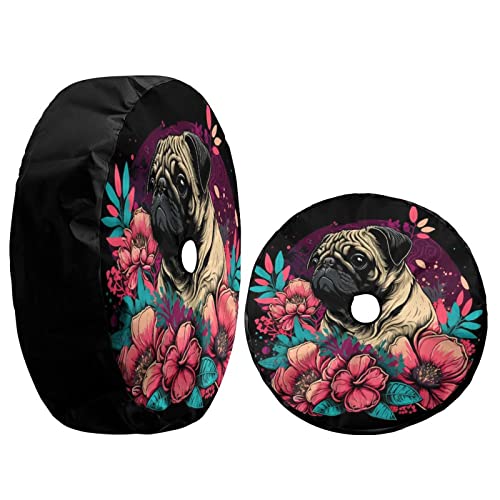 Image of Delerain Spare Tire Cover with Backup Camera Hole Pug with Flowers Wheel Covers Sun Protection Waterproof for Jeep Truck RV Trailer SUV and Many Vehicle (14 Inch for Diameter 23 inch-27 inch)