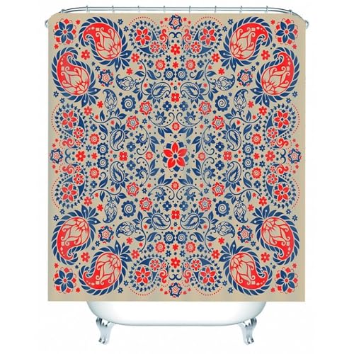 Rideau de douche rouge et bleu floral en polyester imperméable - 2