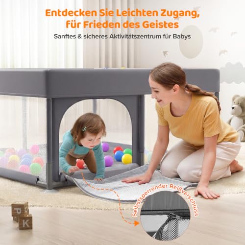 Dripex Laufstall Baby mit Matte, Laufgitter Baby 124×124cm, Dunkelgrau – Ansicht 5