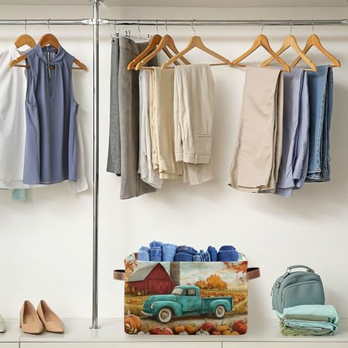 Image of Aslsiy Storage Basket Autumn Pumpkins Truck Maple Nursery Bins Fall Tree Baby Box Canvas Clothes Shelf Basket Laundry Hampers 1 Pcs