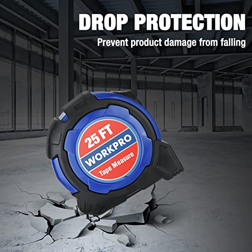 Workpro 25Ft Tape Measure, 1/8 Fractions Easy Read Measuring Tape, Retractable Nylon Coating Measurement Tape Accuracy 1/32, Magnetic Hook, Belt Clip, Rubber Protective Casing #TOP5