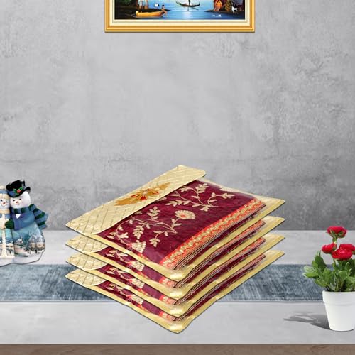 Image of Kuber Industries satin Saree Cover|Clothes Storage Bag|Single Packing Saree with Velcro|Wardrobe Organizer|Cloth Stoarge Organizer|Check Jama Brooch-Design|Pack of 6|Golden