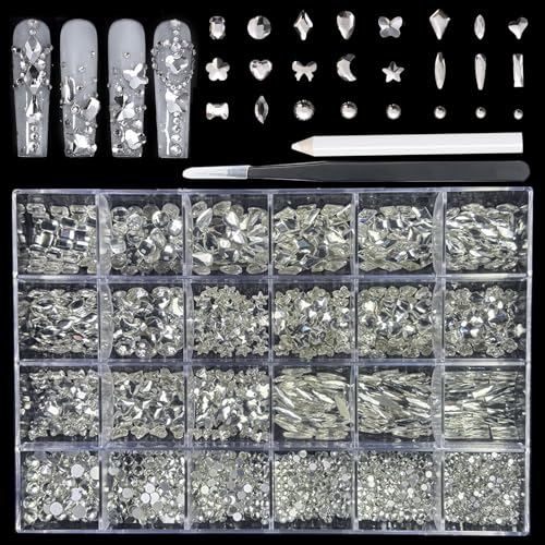 18 Types of 900 Special-Shaped Clear Nail Diamonds + 3200 Flat-Bottomed Nail Rhinestones Nail Crystal Rhinestones Set with Tweezer + Pickup Pen
