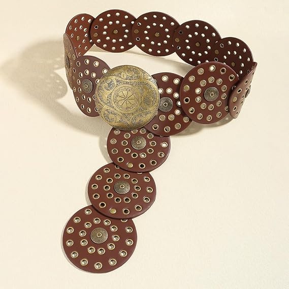 Women Wide-Disc Western-Belts - Vintage Hollow-Rivet Cowgirl-Boho-PU-Leather-Belt for Dress Jeans3