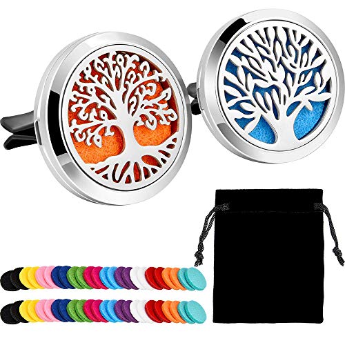 UWOOD 2 pièces en Acier Inoxydable 316L de Voiture aromathérapie Désodorisant Diffuseur d'huiles essentielles d'aération Clip Médaillon avec 15 pièces de Remplacement de Feutre (Arbre Motifs)
